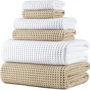 6-piece oversized microfiber bath towel set – waffle weave, white and beige, 76x152 cm