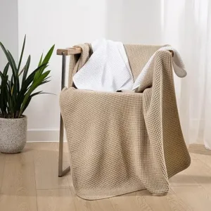 oversized microfiber bath towel set 6 piece – quick dry & lint free, waffle weave in white & beige, 76x152 cm