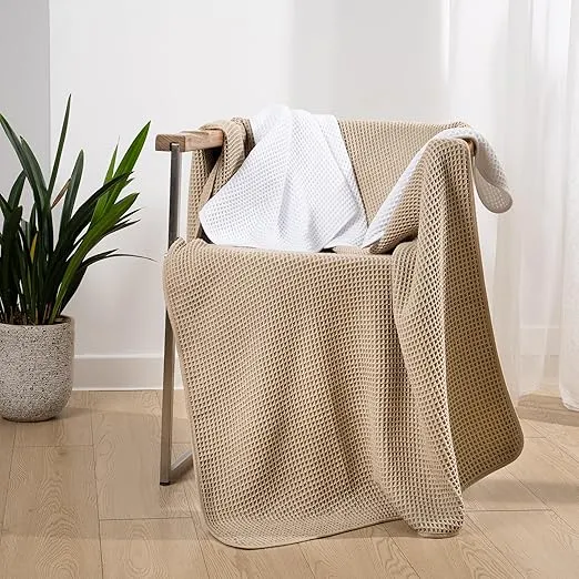 oversized microfiber bath towel set 6 piece – quick dry & lint free, waffle weave in white & beige, 76x152 cm