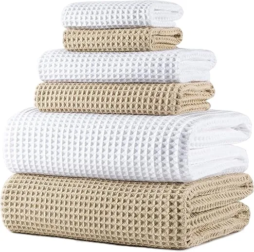 6-piece oversized microfiber bath towel set – waffle weave, white and beige, 76x152 cm