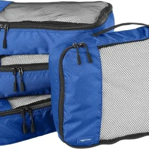 Blue 4-piece packing cubes set for travel, medium size. Zipper organizers for efficient suitcase packing and space-saving during trips.