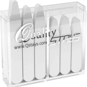 Quality Stays 50-pack collar stiffeners, made of durable plastic, available in 4 sizes. Keeps shirt collars crisp, neat, and in perfect shape.