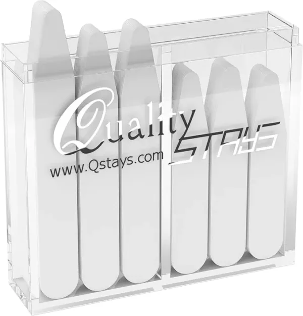 Quality Stays 50-pack collar stiffeners, made of durable plastic, available in 4 sizes. Keeps shirt collars crisp, neat, and in perfect shape.