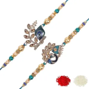 Riddhika Ventures Rakhi Set of 2 featuring designer Kundan & AD ring rakhi bracelets, Roli Chawal, and a greeting card. An elegant gift for your brother on Rakhi.