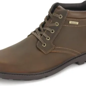 Rockport Storm Surge men's waterproof boots in brown leather with lace-up design, cushioned comfort technology, and slip-resistant sole for all conditions.