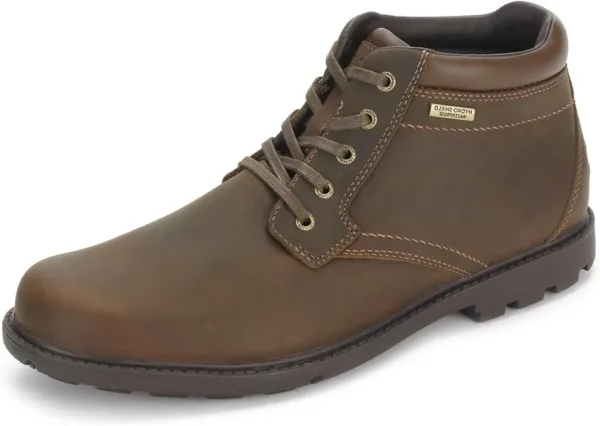 Rockport Storm Surge men's waterproof boots in brown leather with lace-up design, cushioned comfort technology, and slip-resistant sole for all conditions.