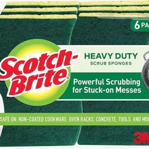 Scotch-Brite 6-pack heavy-duty scrub sponges for dishwashing, kitchen, and outdoor use—durable, non-rusting, food-safe with powerful scrubbing action.