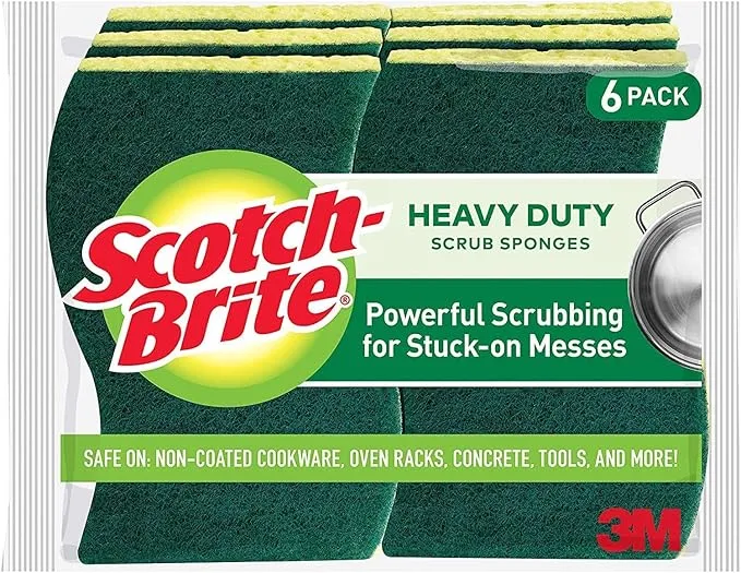 Scotch-Brite 6-pack heavy-duty scrub sponges for dishwashing, kitchen, and outdoor use—durable, non-rusting, food-safe with powerful scrubbing action.