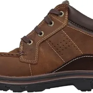Skechers Segment Melego men's waterproof chukka boots in brown leather with lace-up closure, padded collar, and rugged sole, displayed showing the outdoor-ready design and leather construction