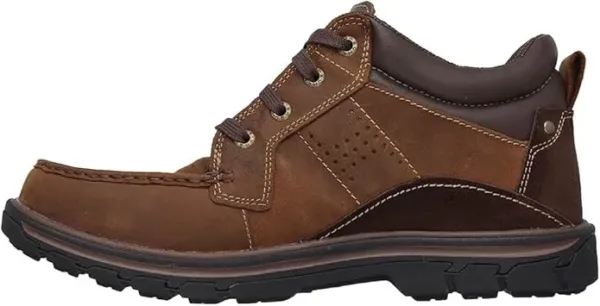 Skechers Segment Melego men's waterproof chukka boots in brown leather with lace-up closure, padded collar, and rugged sole, displayed showing the outdoor-ready design and leather construction