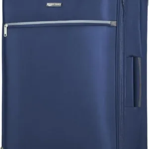 Amazon Basics 29-Inch Softside Spinner Suitcase in Navy Blue, featuring expandable capacity and 360-degree spinner wheels for smooth and easy travel.