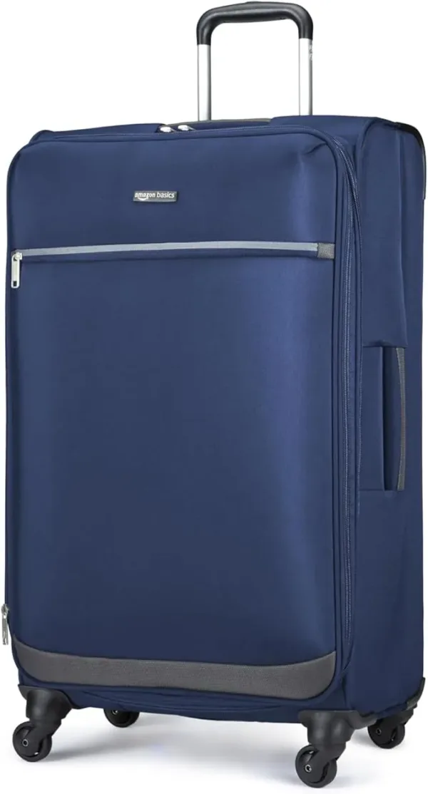 Amazon Basics 29-Inch Softside Spinner Suitcase in Navy Blue, featuring expandable capacity and 360-degree spinner wheels for smooth and easy travel.