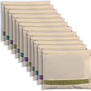 SOLSTICE set of 12 cotton saree covers, featuring zip closure and transparent mesh. Ideal for clothes and storage, each cover measures 16 x 14 inches.