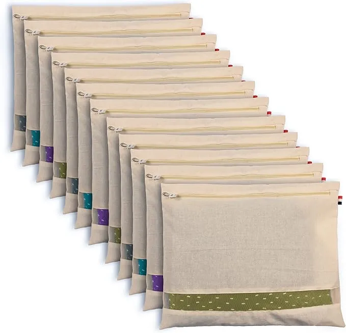 SOLSTICE set of 12 cotton saree covers, featuring zip closure and transparent mesh. Ideal for clothes and storage, each cover measures 16 x 14 inches.