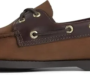 Sperry Original men's 2-eye boat shoes in brown leather with hand-sewn construction, rawhide laces, and signature non-slip rubber outsole, displayed at three-quarter angle