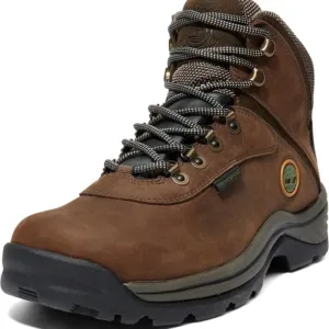 Timberland Flume Mid men's waterproof hiking boots in brown leather with lace-up closure, cushioned midsole, and aggressive tread pattern, displayed showing the rugged outdoor design