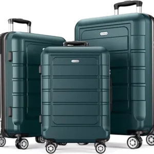 SHOWKOO 3-piece travel luggage set in army green, with expandable design, spinner wheels, and durable PC+ABS hard case shells for smooth and secure travels.