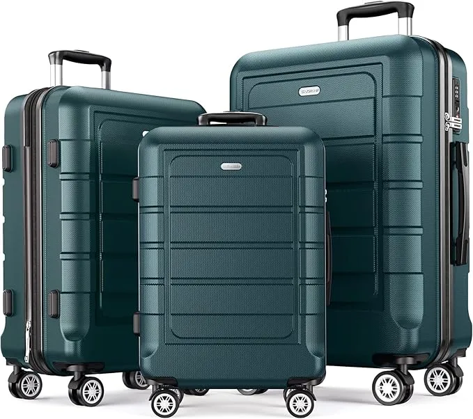 SHOWKOO 3-piece travel luggage set in army green, with expandable design, spinner wheels, and durable PC+ABS hard case shells for smooth and secure travels.