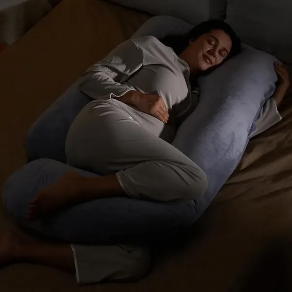 Grey U-shaped full body pregnancy pillow with washable cover for maternity support