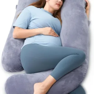 Grey U-shaped full body pregnancy pillow with washable cover for maternity support