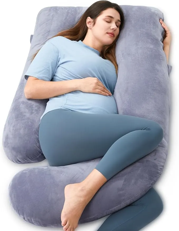 Grey U-shaped full body pregnancy pillow with washable cover for maternity support
