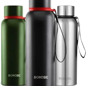 Black 850ml vacuum insulated water bottle with copper-coated interior and leak-proof design.