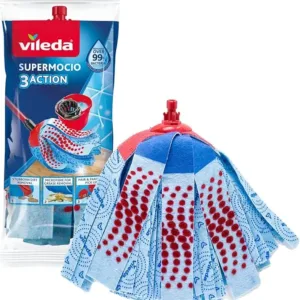 Vileda SuperMocio 3Action Mop Refill with microfibre head, red spot eraser, and 3D cleaning strips. Perfect for removing dirt, grease, and hair from floors.