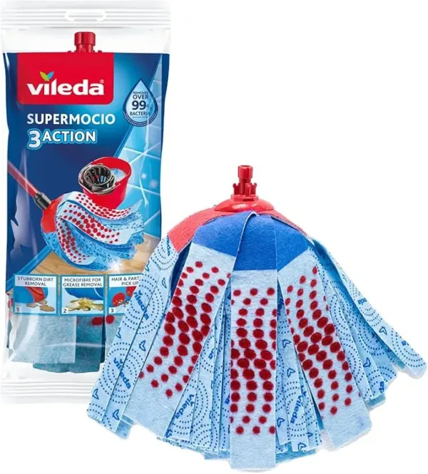 Vileda SuperMocio 3Action Mop Refill with microfibre head, red spot eraser, and 3D cleaning strips. Perfect for removing dirt, grease, and hair from floors.