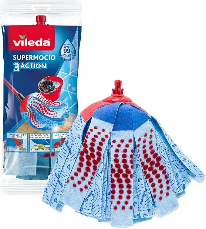 Vileda SuperMocio 3Action Mop Refill with microfibre head, red spot eraser, and 3D cleaning strips. Perfect for removing dirt, grease, and hair from floors.