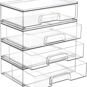 Vtopmart clear stackable acrylic drawer organizers, 4-pack bins ideal for makeup, bathroom essentials, cabinet storage, or desk organization.
