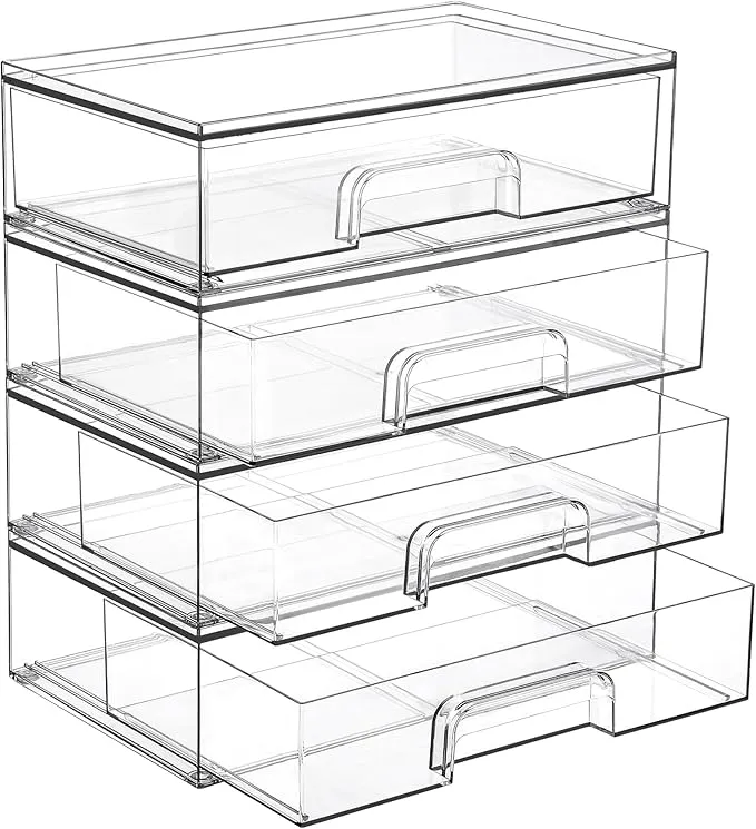 Vtopmart clear stackable acrylic drawer organizers, 4-pack bins ideal for makeup, bathroom essentials, cabinet storage, or desk organization.