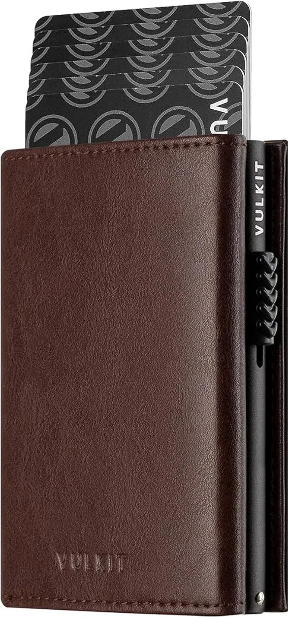 vulkit leather card holder wallet – pop up cards, coin pocket, magnetic closure & id window for cash & credit cards