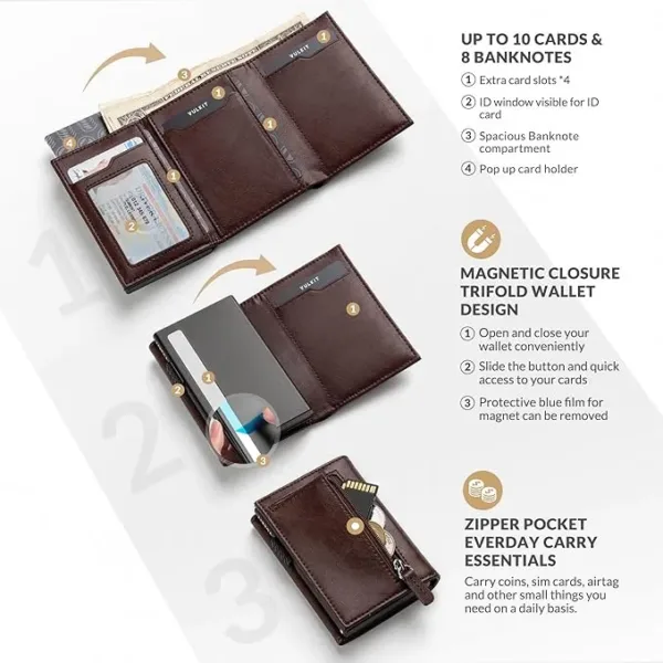 vulkit leather card holder wallet – pop up cards, coin pocket, magnetic closure & id window for cash & credit cards