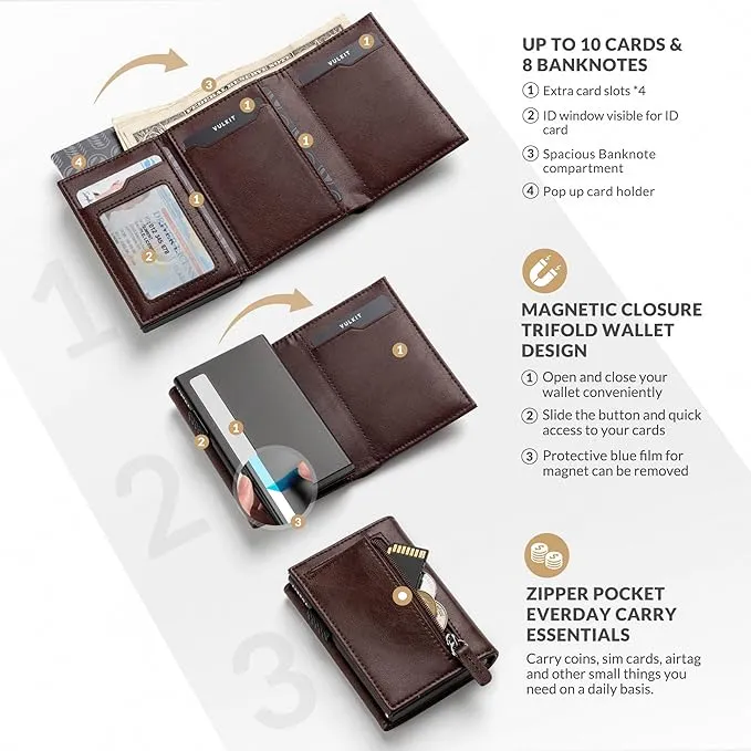 vulkit leather card holder wallet – pop up cards, coin pocket, magnetic closure & id window for cash & credit cards