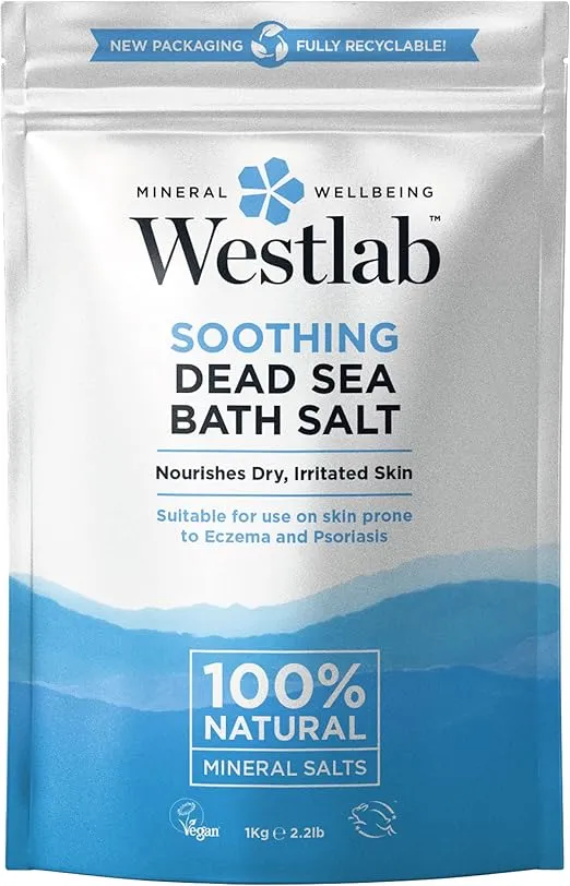 Westlab 100% pure Dead Sea Bath Salt 1kg, rich in essential minerals to soothe the skin and relax muscles, suitable for all skin types.