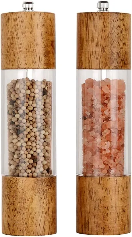 8-inch acrylic and wood salt and pepper grinder set with adjustable ceramic core, pack of 2.
