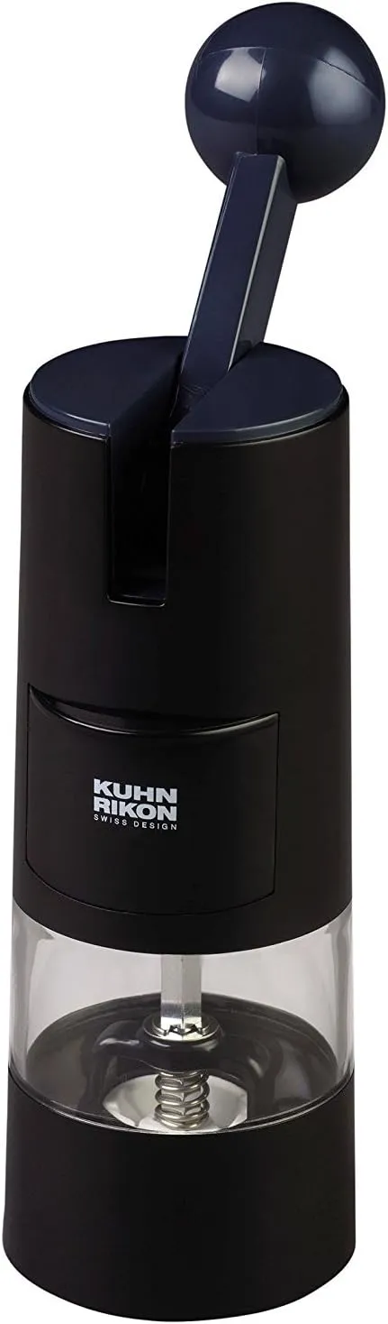 Black handheld spice grinder with adjustable ceramic ratchet mechanism.