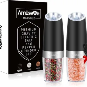 Set of two black battery-operated spice grinders with LED lights and adjustable coarseness.