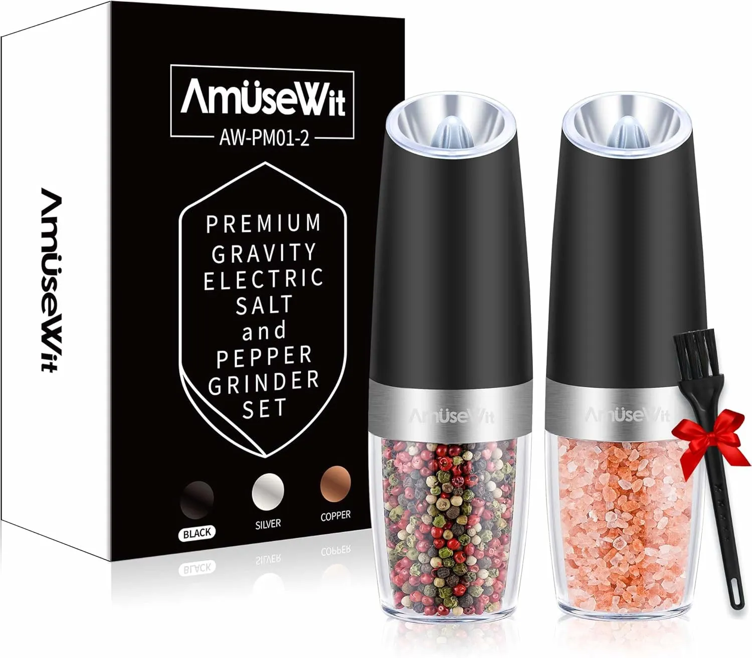 Set of two black battery-operated spice grinders with LED lights and adjustable coarseness.