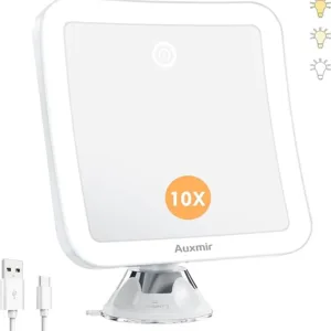 Auxmir 10x Lighted Magnifying Mirror, rechargeable and portable, LED vanity mirror with strong magnification, perfect for makeup, travel, and skincare use