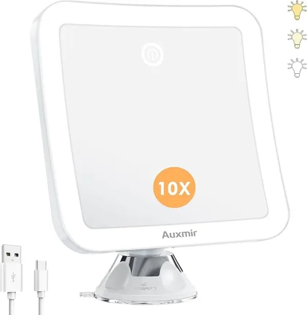 Auxmir 10x Lighted Magnifying Mirror, rechargeable and portable, LED vanity mirror with strong magnification, perfect for makeup, travel, and skincare use