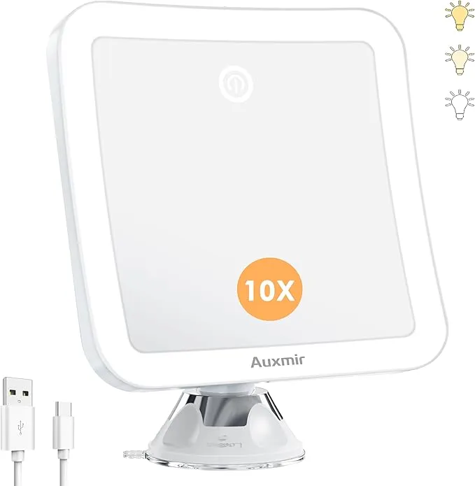 Auxmir 10x Lighted Magnifying Mirror, rechargeable and portable, LED vanity mirror with strong magnification, perfect for makeup, travel, and skincare use