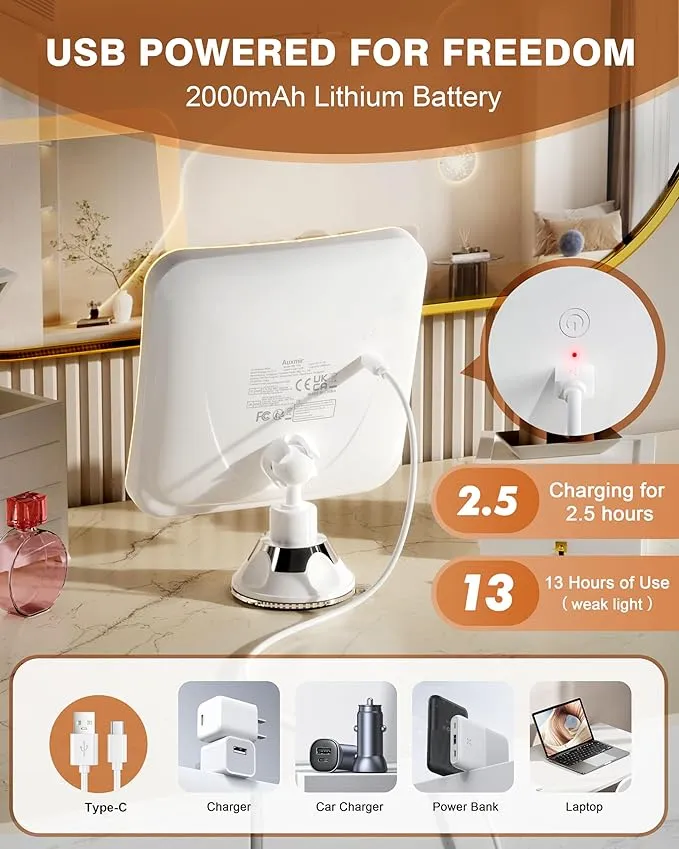 auxmir 10x lighted magnifying mirror – rechargeable & portable