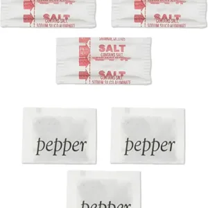 Set of 200 individual salt and pepper sachets, including 100 salt and 100 pepper packets.