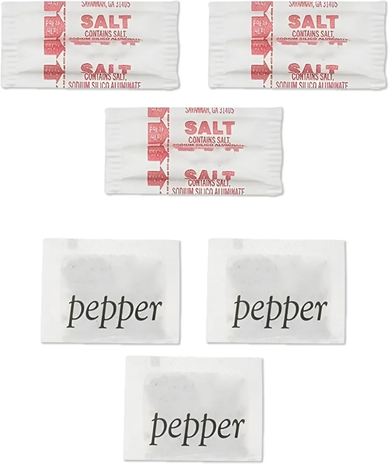 Set of 200 individual salt and pepper sachets, including 100 salt and 100 pepper packets.