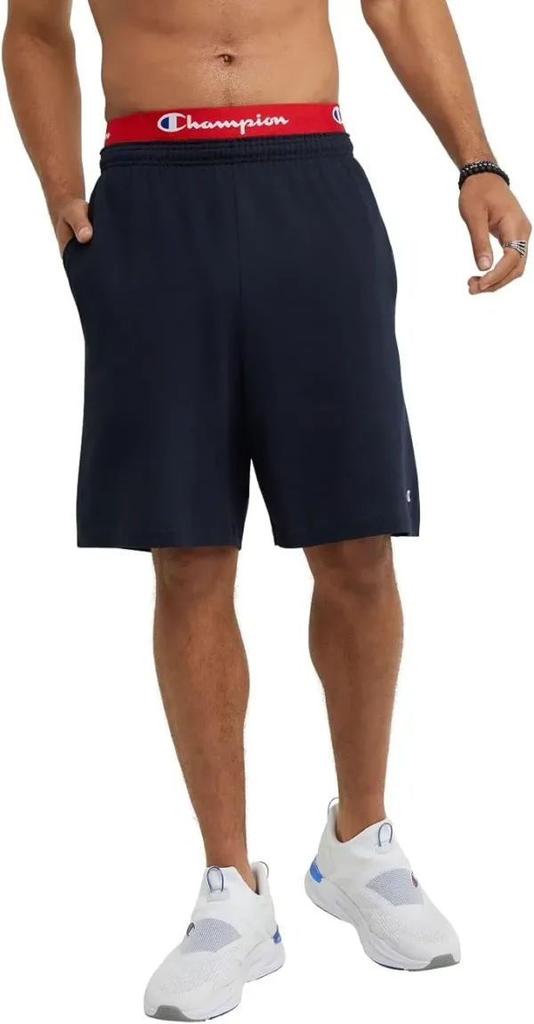 Champion men’s lightweight shorts, everyday athletic long shorts designed for training, gym, running, workout, and casual wear with breathable comfort.