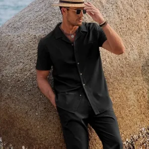 coofandy men’s linen beach outfit | casual button down shirt & loose pants set for summer