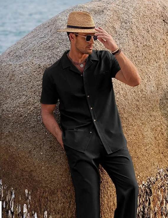 coofandy men’s linen beach outfit | casual button down shirt & loose pants set for summer