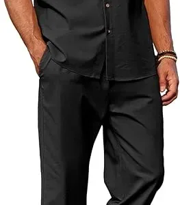 COOFANDY men’s linen beach outfit, casual button-down shirt and loose pants set, lightweight summer wear perfect for vacation, beach, and casual outings.