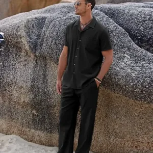 coofandy men’s linen beach outfit | casual button down shirt & loose pants set for summer